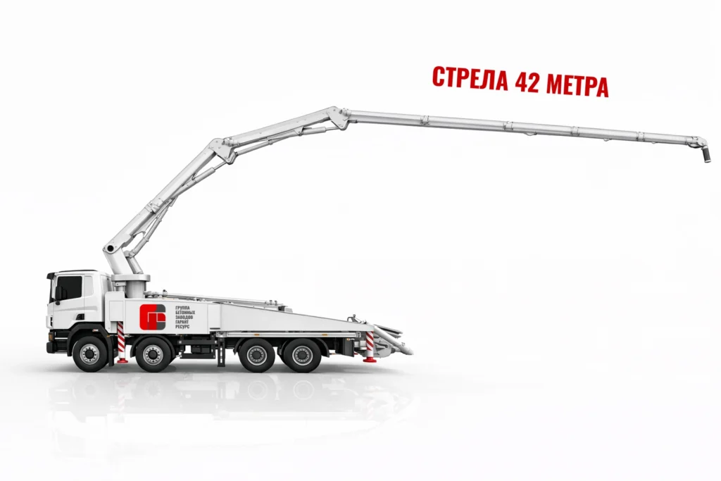 Автобетононасос со стрелой 42 м для подачи бетона на высоту в Ногинске
